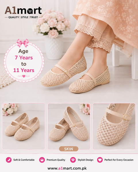 Kids Girls Net Shoes – Stylish Plain Design & Comfortable Fit (7–11 Years)