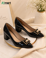 Ladies Premium Block Heel Pumps – Elegant Golden Buckle Design