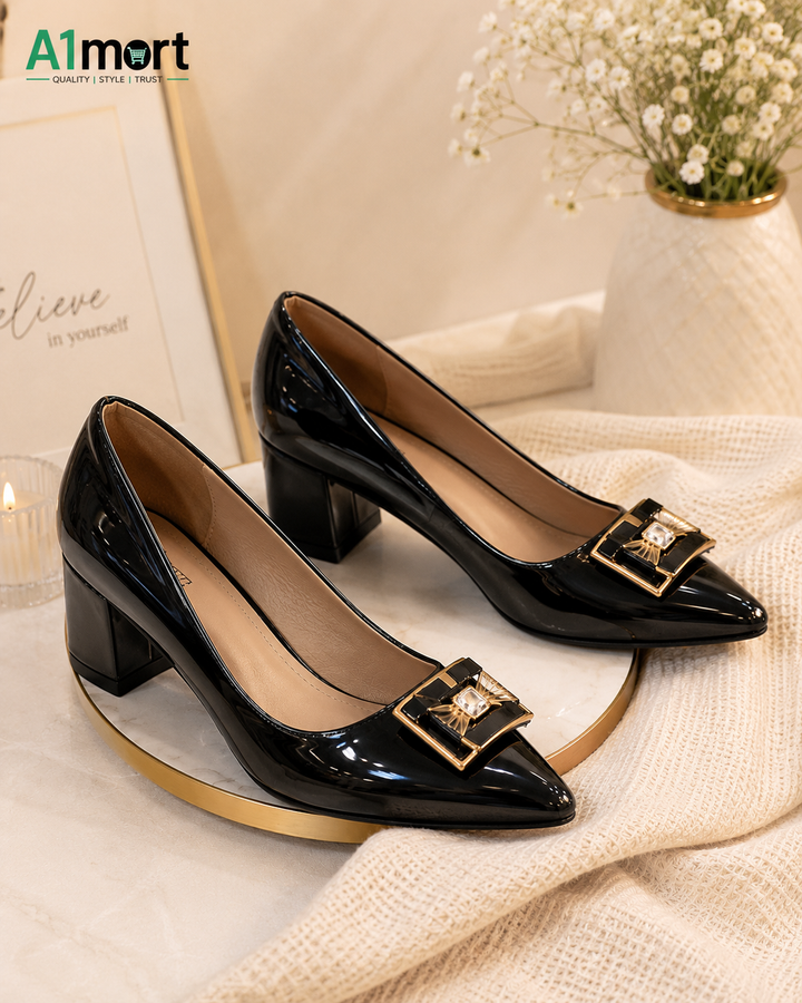 Ladies Premium Block Heel Pumps – Elegant Golden Buckle Design