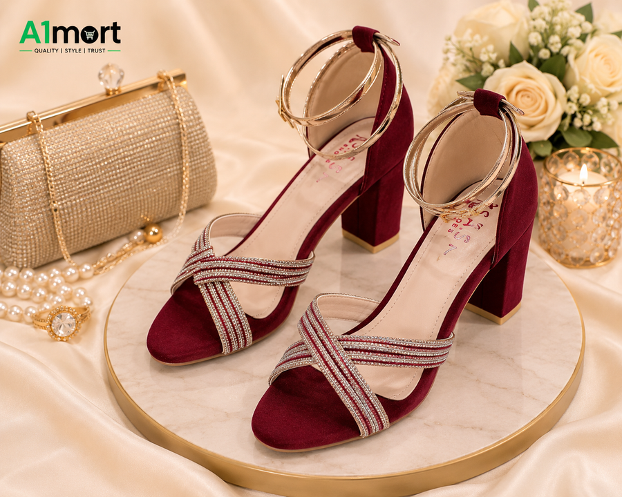 Women’s Fancy Party Wear Heels – Stylish Cross Strap & Block Heel
