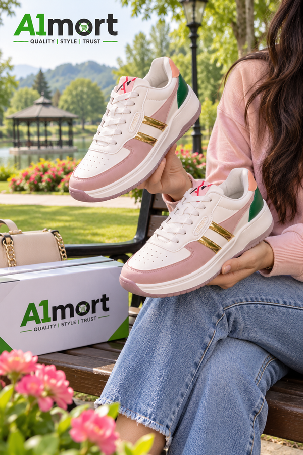 Ladies Pink & White Sneakers – Stylish Casual Sports Shoes